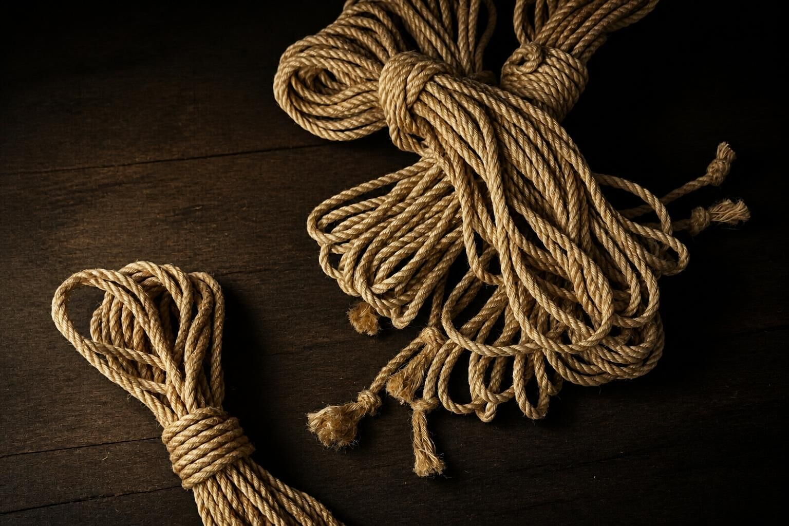 Bundled hanks of jute rope with knotted ends on dark wood