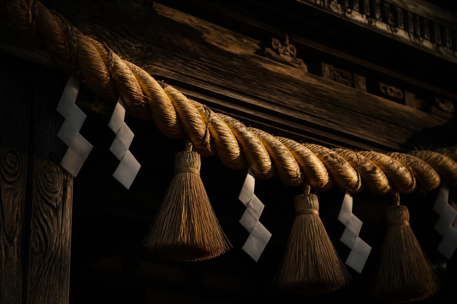 A sacred shimenawa rope with white paper shide streamers at a Shinto shrine