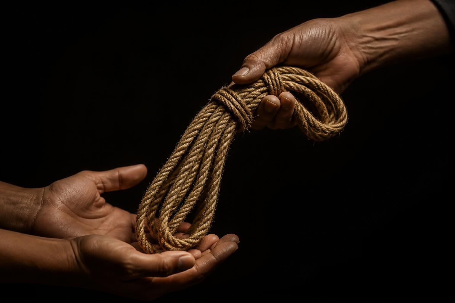 One pair of hands passing a hank of jute rope to another