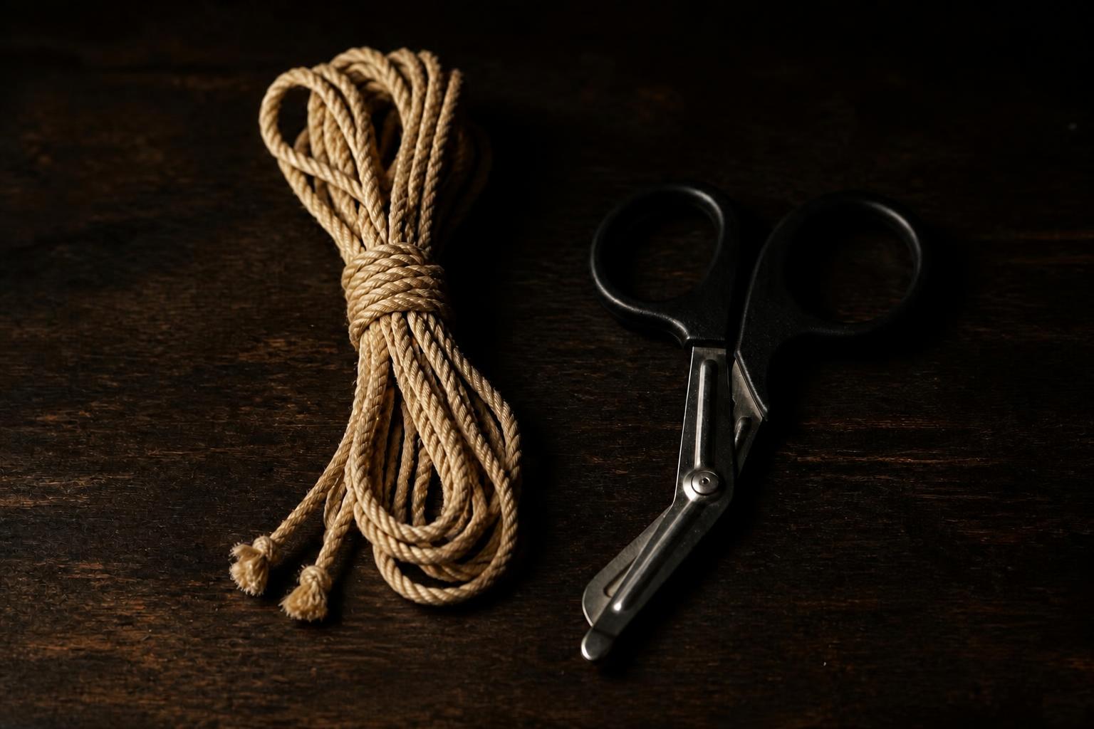 A hank of jute rope beside a pair of medical trauma shears on dark wood