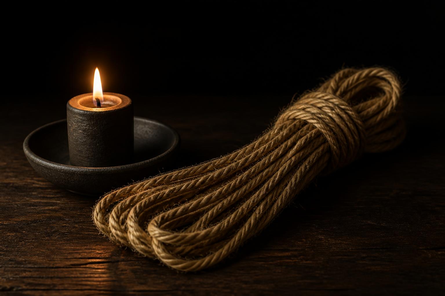 A hank of jute rope beside a lit candle on dark wood