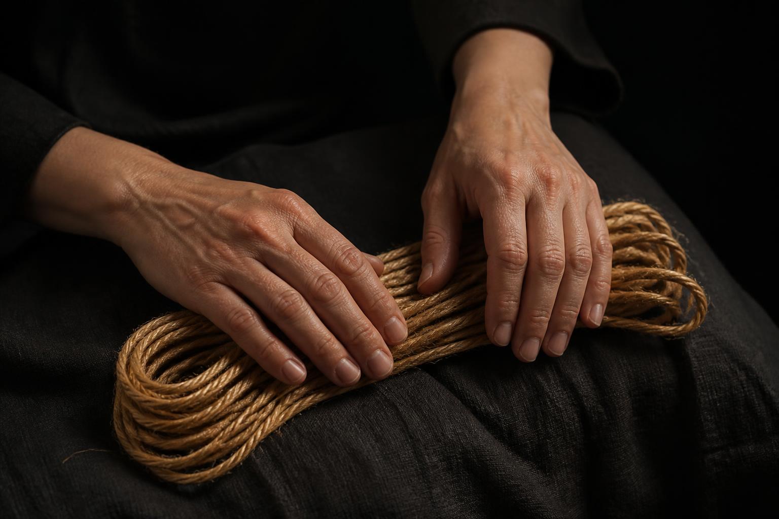 Relaxed hands resting calmly on a hank of jute rope in warm, low light