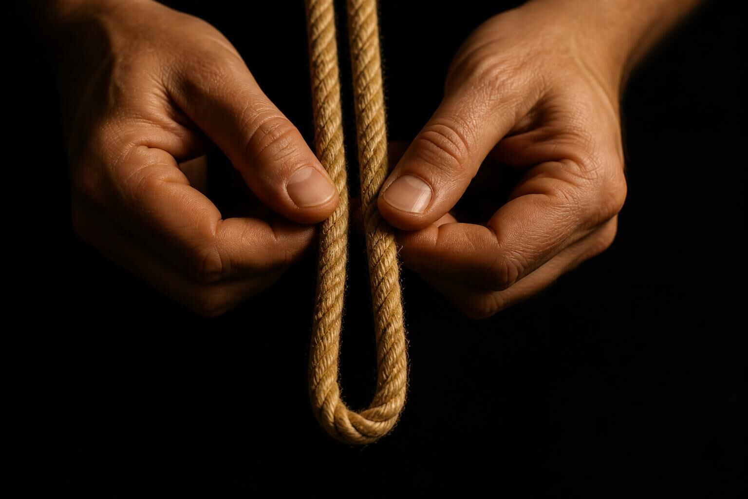 Two hands holding jute rope doubled over, the way Shibari rope is used