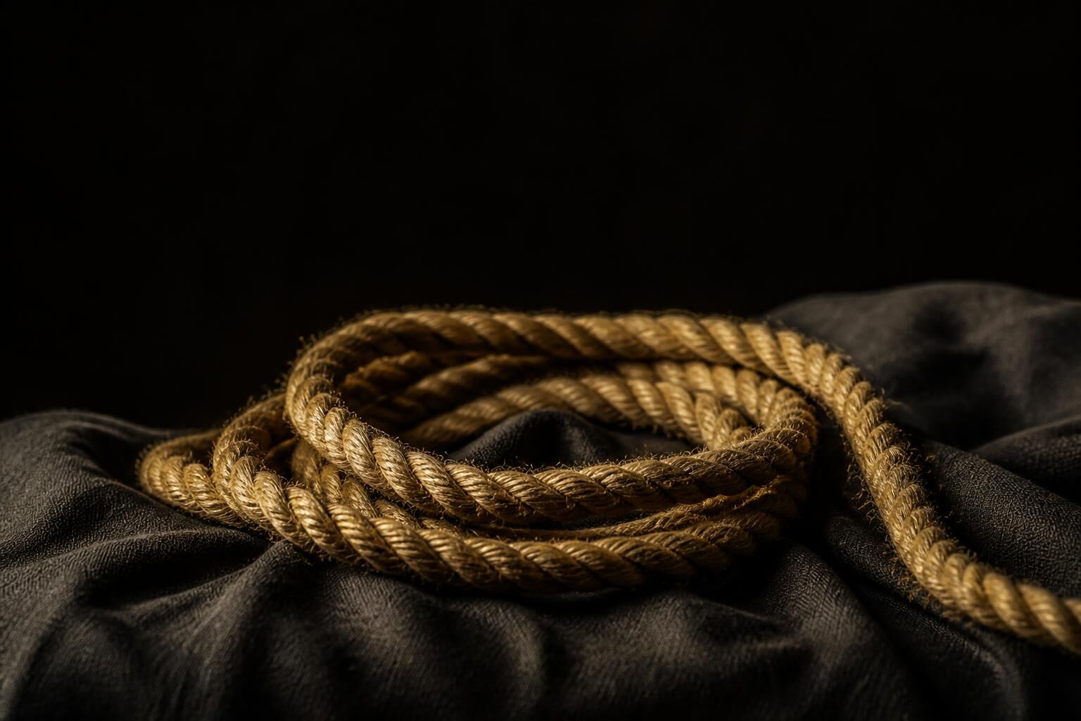Loosely coiled natural jute rope resting on dark linen in warm light
